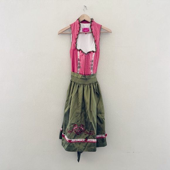 Krüger Dirndl Dress US XS EU 34 Red Green German Oktoberfest Alpine Trachten - Picture 2 of 12